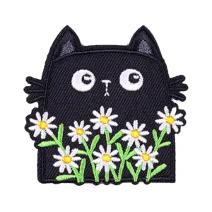 cat and daisy black Embroidery Patch